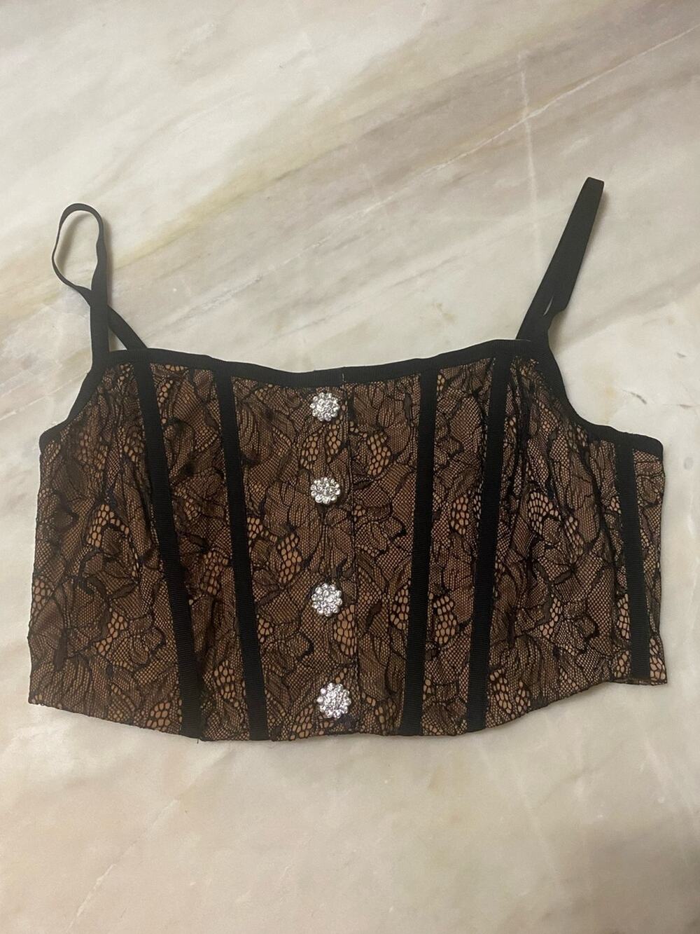 MAJORELLE Lace Bustier Rhinestone buttons lingerie crop top sz S black revolve